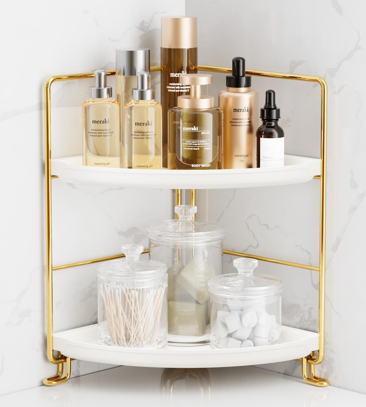 FSyueyun 2-Tier Corner Bathroom Counter Organizer, Tool-Less Installation Vanity Shelf Small Plastics Countertop Makeup Tray Skincare Perfume Organizers (Gold)